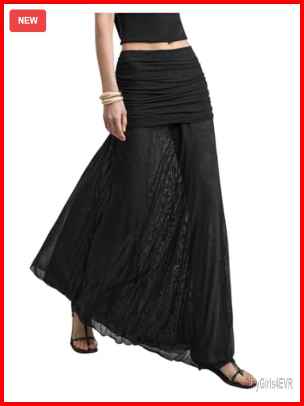 Verdusa Women's Maxi Skirt Ruched Mesh Sheer Ruffle Flowy A-Line